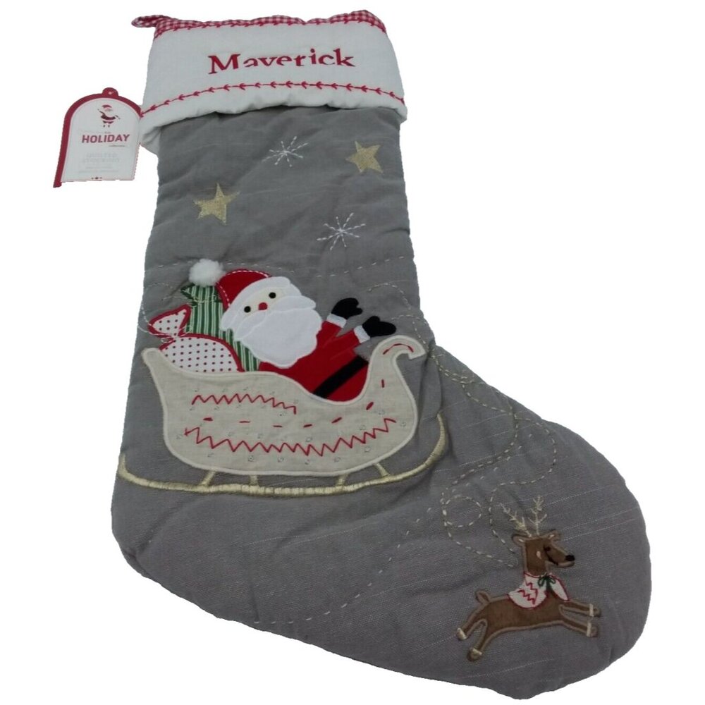 Pottery Barn Kids Maverick Stocking Santa & Sleigh Holiday Christmas Quilted